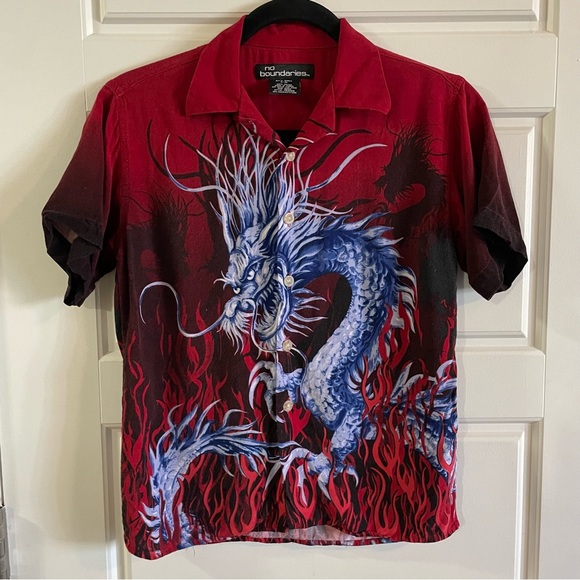 No Boundaries Other - Vintage Y2K Dragon Shirt No Boundaries Flames Red Black Boy Size S 100%Rayon